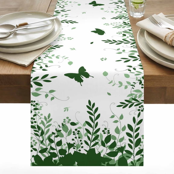 Butterflies Cotton Linen Table Runner Spring Green Butterfly Falling Leaf Plant Silhouette Dining Table Runners for Home Decor Party Dining Room Restaurant Kitchen 13" x 36"