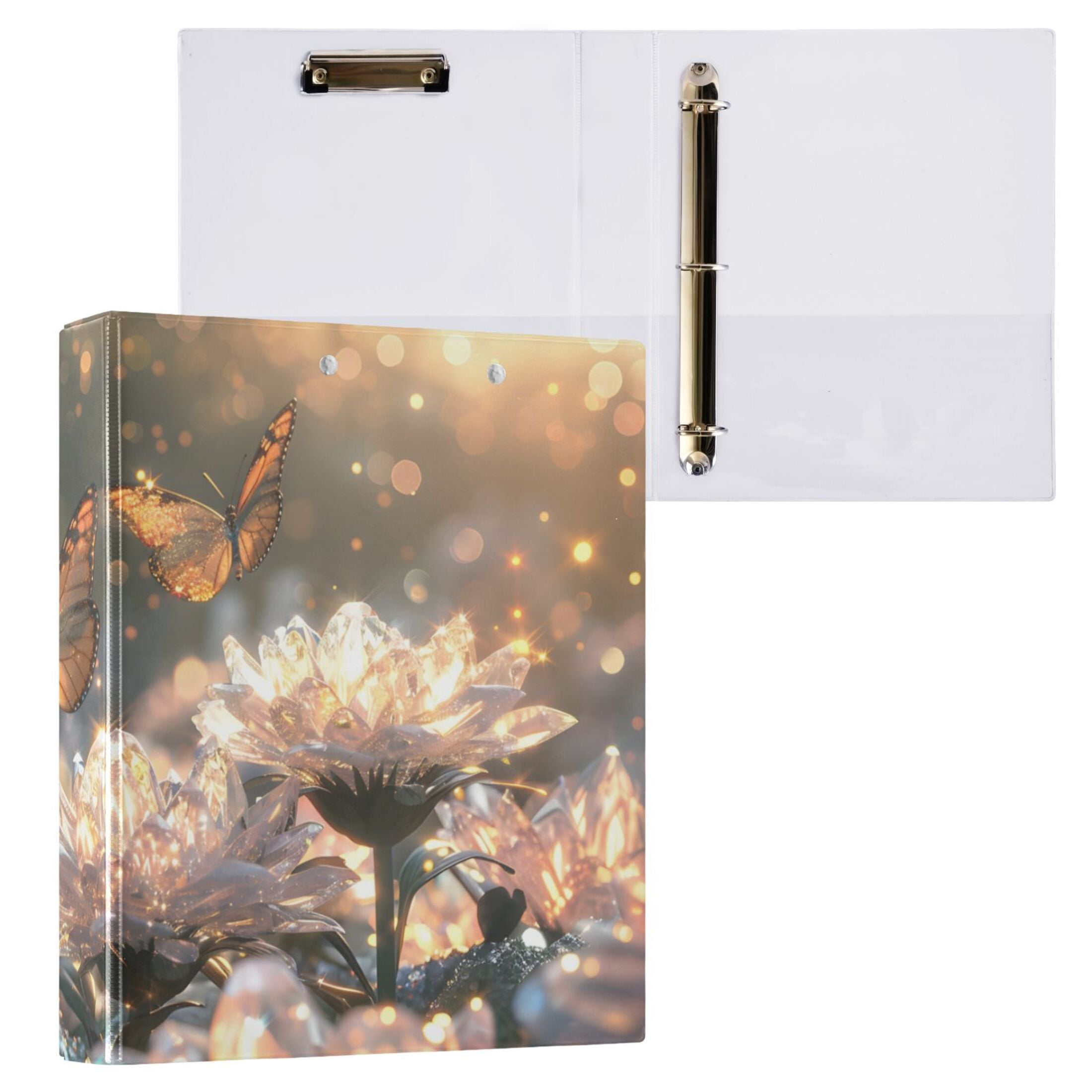 Butterflies Crystal Flowers 3 Ring Binders 1.5 inch Hardcover File Folders with Interior Pockets A4 Size Organizer for School Office Hospital