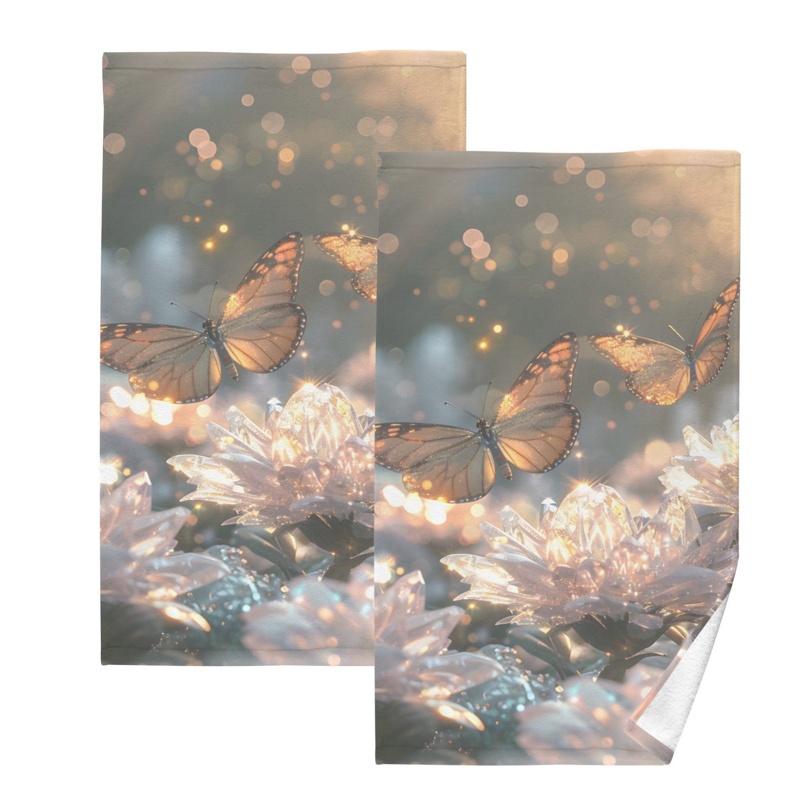 Butterflies Crystal Flowers Hand Towels Cotton Bath Towels Large Face Towels Absorbent for Bathroom 2 Packs