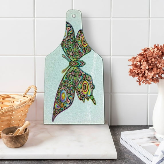 Butterflies Cutting Board, Butterfly Psychedelic Design Spirals Wildlife Eyes Pattern, Decorative Tempered Glass Cutting and Serving Board, Wine Bottle Shape, Multicolor, by Ambesonne