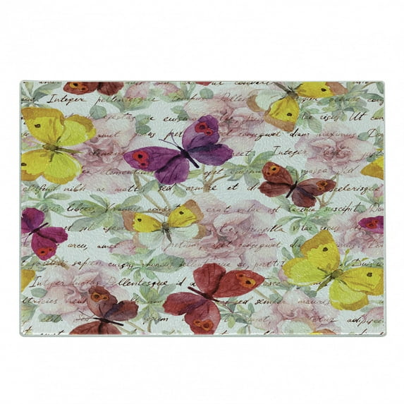Butterflies Cutting Board, Flowers and Text Camellia Love Letters Romantic Calligraphy Classics Antique, Decorative Tempered Glass Cutting and Serving Board, Small Size, Multicolor, by Ambesonne