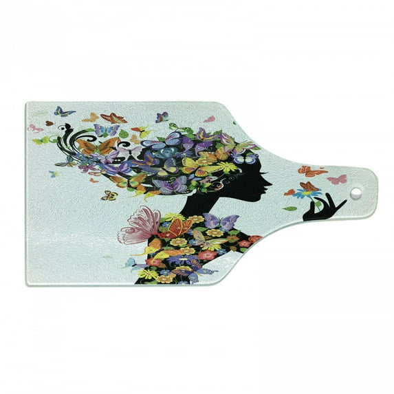 Butterflies Cutting Board, Girl Fashion Flowers Ornamental Floral Foliage Nature Forest Animal Print, Decorative Tempered Glass Cutting and Serving Board, Wine Bottle Shape, Multicolor, by Ambesonne