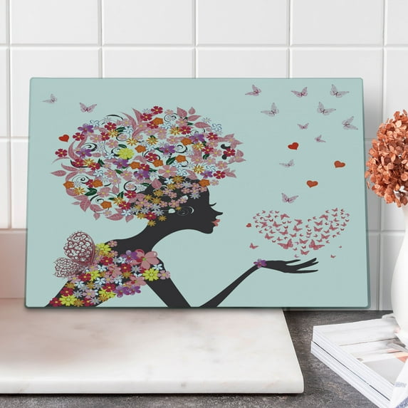 Butterflies Cutting Board, Girl a Heart of Enjoying Blossoms Summertime Fantasy Happy Animal Print, Decorative Tempered Glass Cutting and Serving Board, Large Size, Multicolor, by Ambesonne