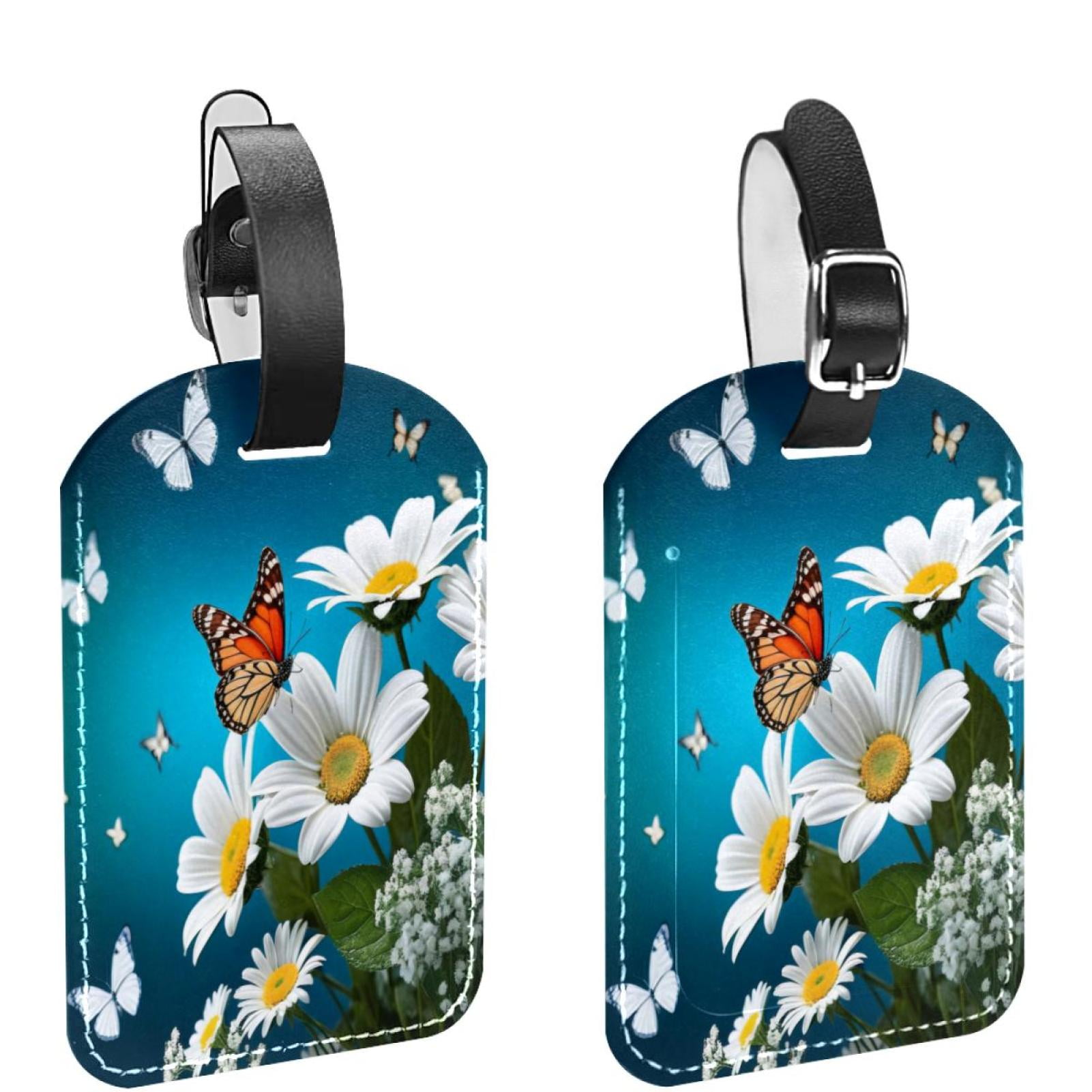 Butterflies Daisy Luggage Tags for Suitcases, PU Leather Name ID Labels
