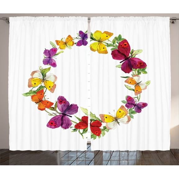 Butterflies Decorations Curtains 2 Panels Set, Butterfly Corolla with Herbs Nature Protection from Fear Spirit Morph Path Image, Living Room Bedroom Accessories, 108 X 90 Inches, by Ambesonne