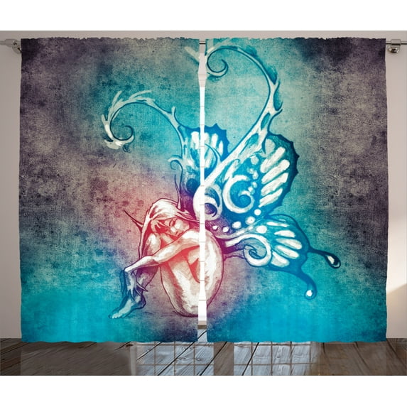 Ambesonne Fantasy Curtains 2 Panel Set, Butterfly Winged, 108" x 84", Blue Purple