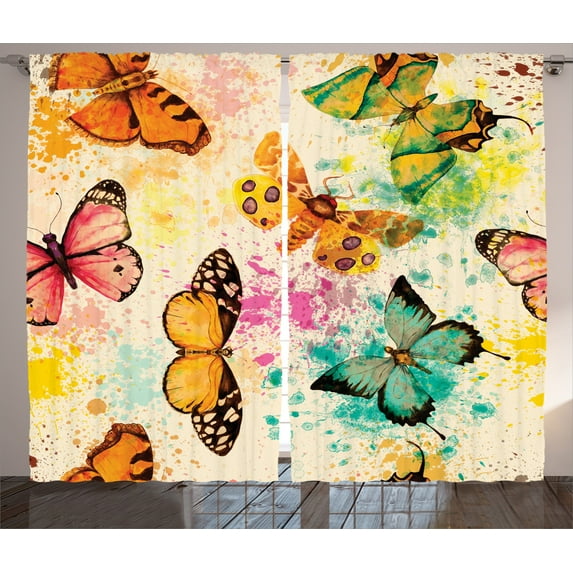 Ambesonne Colorful Curtains 2 Panel Set, Murky Grungy Butterfly, 108" x 90", Multicolor
