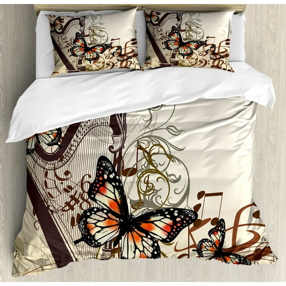 Butterflies Duvet Cover Set, Harp Ornament and Butterflies Classic Musical Instrument Concert Theme, Decorative 3 Piece Bedding Set with 2 Pillow Shams, King Size, Cream Orange Black, by Ambesonne