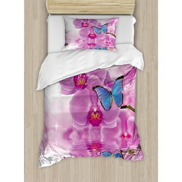 Butterflies Duvet Cover Set, Orchid Reflection on Water Bloom Botany Plant Branch Anima Print, Decorative 2 Piece Bedding Set with 1 Pillow Shams, Twin Size, Pink Blue White, by Ambesonne