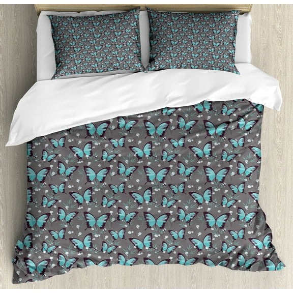 Butterflies Duvet Cover Set, Pattern of Repetitive Spring Flower Silhouettes Spring Season Design, Decorative 3 Piece Bedding Set with 2 Pillow Shams, King Size, Seafoam and Grey, by Ambesonne
