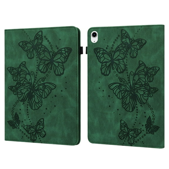 Butterflies Embossed Pattern Tablet Case for iPad 10th Generation 10.9" 2022, Premium PU Leather Card Slots Kickstand Cover with Pen Holder Strap Soft Silicone Shockproof Case, Green