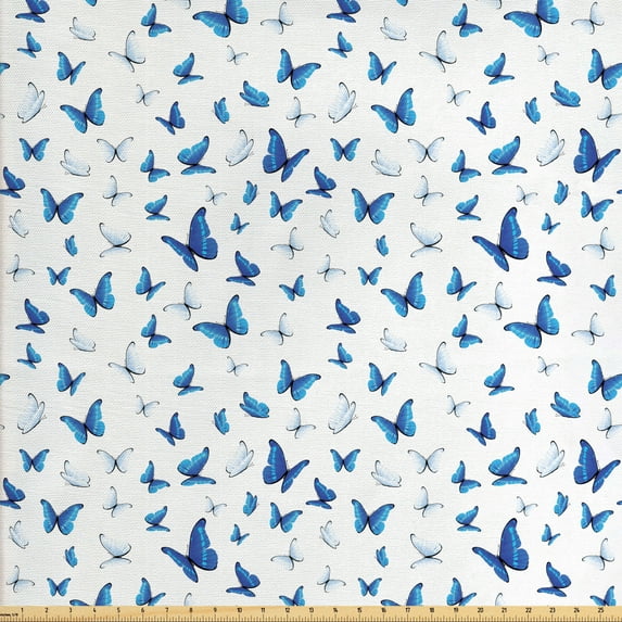 Ambesonne Butterfly Fabric by the Yard Upholstery, Rainforest Wilderness, 10 Yards, Blue White Black