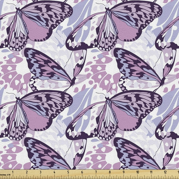Ambesonne Butterflies Fabric by the Yard Upholstery, Spotted Flies, 3 Yards, Lilac Multicolor