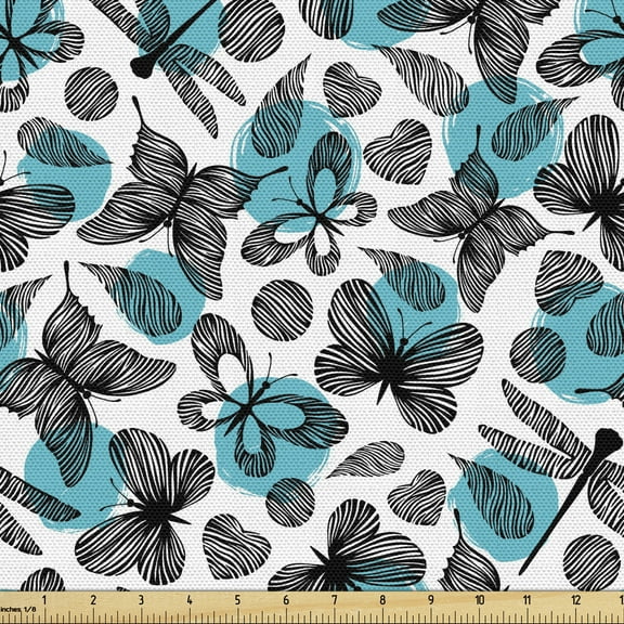 Butterflies Fabric by the Yard, Wildlife Pattern with Hand Drawn Dragonfly and Butterflies Flat Style, Upholstery Fabric for Dining Chairs Home Decor Accents, 1 Yard, Sky Blue Black White by Ambesonne