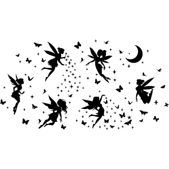 Butterflies Fairy Wall Decals Moon Stars Wall Stickers Dream Fairy Tale Wall Mural Elf with Wings Removable Vinyl Window Clings for Girls Bedroom Wall Decoration