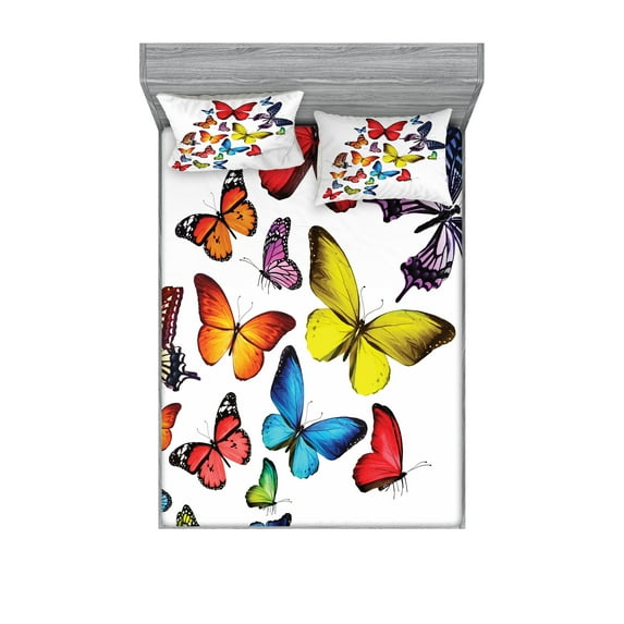 Butterflies Fitted Sheet & Pillow Sham Set, Many Different Butterflies Romance Togetherness Joy Wildflowers Hiking Trees, Decorative Printed 6 Piece Bedding Decor Set, King, Multicolor, by Ambesonne