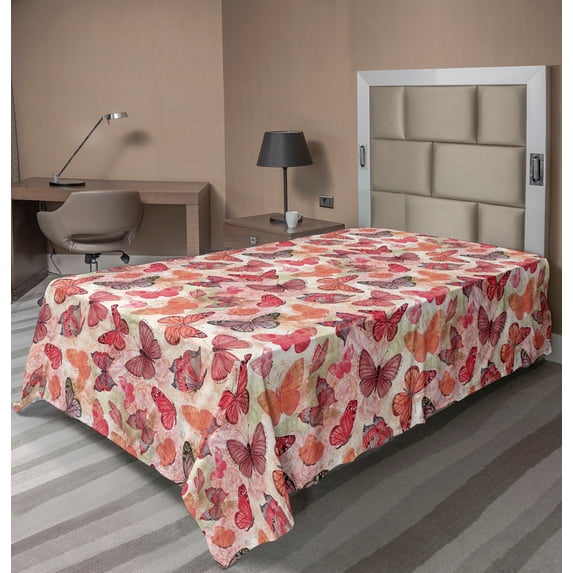 Ambesonne Butterflies Flat Bedding Sheet Soft Top Sheet, Butterfly Spring Forest, Twin, Coral Salmon Dried Rose