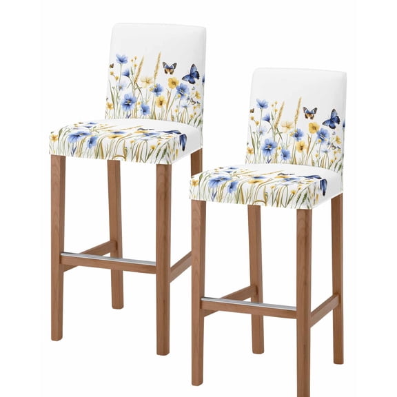 Butterflies Floral Bar Stool Covers Set of 2, Country Plants Wildflower Leaves Stretch Washable Bar Chair Covers with Backs, Removable Pub Counter Height Chair Cover for Kitchen Dining Room Cafe