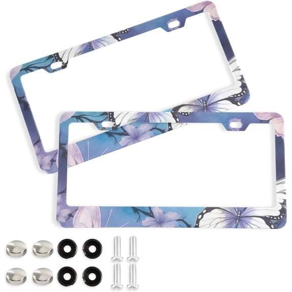 Butterflies Floral Painted License Plate Frames - Universal Aluminum License Plate Covers with Screws, 2 Pack Holder Car Accessories for Front and Rear Plates Home Decor