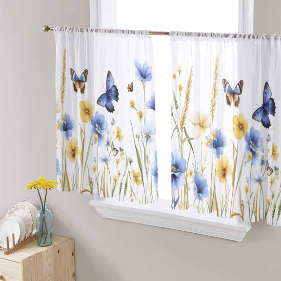 Butterflies Floral Semi Sheer Curtains 45 Inch Length 2 Panels Set, Country Plants Wildflower Leaves Sheer Kitchen Curtain Privacy Voile Window Curtain for Living Room Bedroom Rod Pocket Drapes