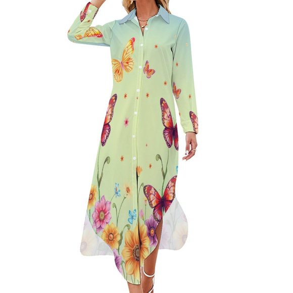Butterflies Floral Spring Chiffon Dress V Neck Dresses Female Casual Dress Birthday Gift