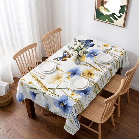 Butterflies Floral Table Cloth Waterproof Tablecloths, Country Plants Wildflower Leaves Tablecloth Dining Table Cover for Kitchen Party Tabletop Outdoor, Rectangle Tablecloth 60x84 Inch