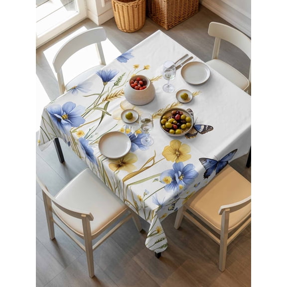 Butterflies Floral Tablecloth Square Table Cloth 54x54,Waterproof Outdoor Table Cloth Covers Decorative Table Protector,Country Plants Wildflower Leaves Washable Table Cover for Kitchen Dinning Party