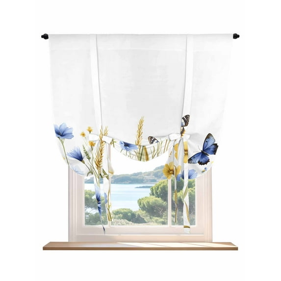 Butterflies Floral Tie Up Curtains for Windows 63 Inch Length Balloon Curtains Kitchen Adjustable Balloon Window Shade Country Plants Wildflower Leaves Tie Up Valance Bathroom Curtain Window 52"x63"