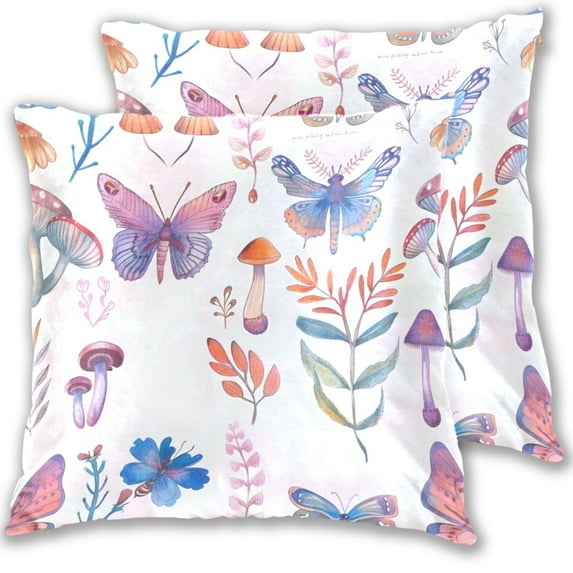 Butterflies Florals Mushrooms Leaves Watercolor Throw Pillow Covers Pillowcases 16 x 16 Inch Home Decor 2 Packs for Bedroom Sofa