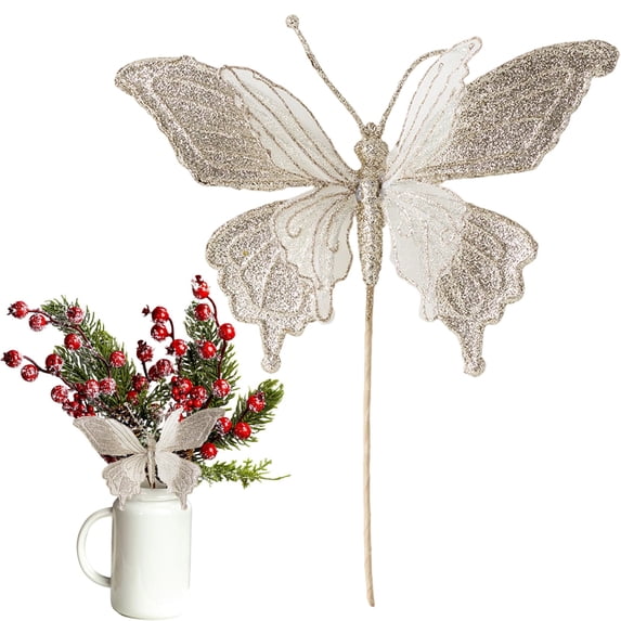 Butterflies for Flower Arrangements,Glitter Butterfly Garden Decorations,Lifelike Sequins Butterfly Garden Stakes,3D Double Wings Butterfly with Bendable Stick,Reusable Butterfly Pick,11.4x9.8 Inch