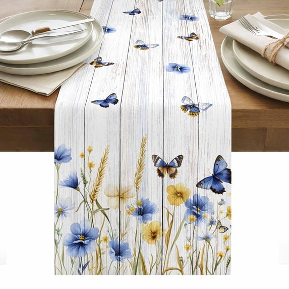 Butterflies Flower Table Runner - 60 Inch Long, Kitchen Dining Table Runner Dresser Scarves, Country Wood Grain Leaves Farmhouse Farmhouse Decor for Coffee Tables Wedding Party Banquet