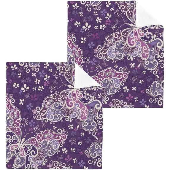 Butterflies and Flower Washcloth 12x12in Set, 4 Pack Absorbent Cotton Towel Square Kitchen Dishes Towels, Soft Cleaning Face Hand Towel Fast Drying Wash cloth