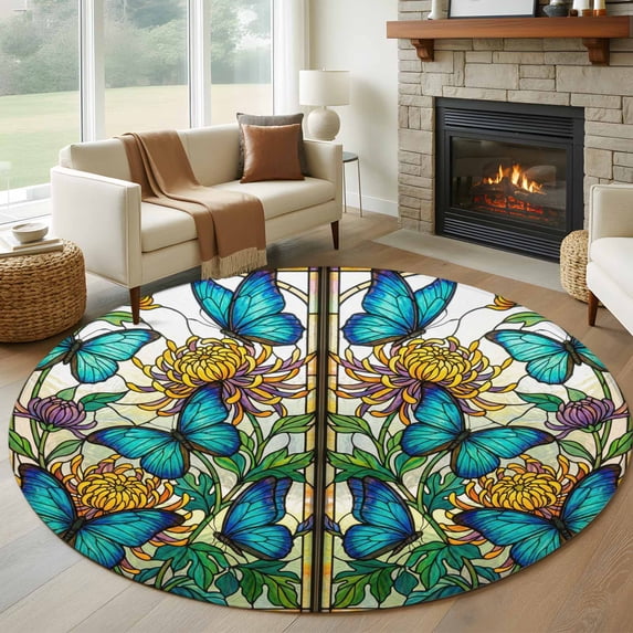 Butterflies Flowers 6ft Round Rugs, Vintage Watercolor Animal Floral Plant Washable Non-Slip Area Rugs for Living Room Bedroom Kitchen, Low Pile Dining Room Kicthen Circle Carpet, Indoor Floor Rug