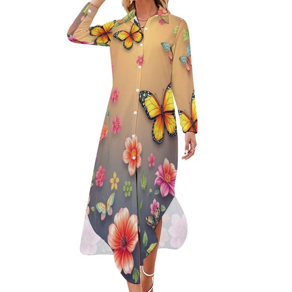 Butterflies Flowers Beauty Chiffon Dress V Neck Dresses Women Casual Dress