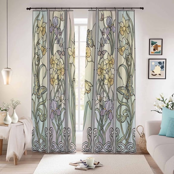 Butterflies Flowers Blackout Curtains for Bedroom/Living Room, Pinch Pleated Black Out Curtains, Vintage Geometric Colorful Glass Floral Room Darkening Window Drapes with Hooks 2 Panels, 59"x70"