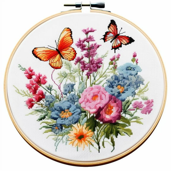Butterflies and Flowers DIY Stamped Cross Stitch Kits for Beginners Easy with Hoop 11CT Needlepoint Embroidery Counted Cross Stitch Kits Art Craft Wall Decor and Gift 35x35cm(3)