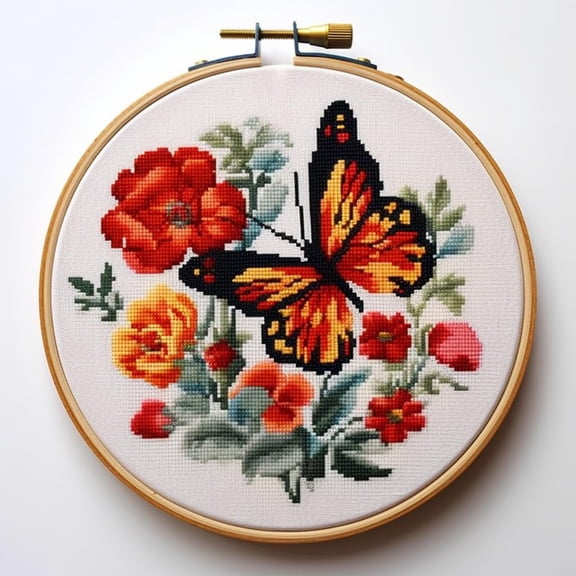 Butterflies and Flowers DIY Stamped Cross Stitch Kits for Beginners Easy with Hoop 11CT Needlepoint Embroidery Counted Cross Stitch Kits Art Craft Wall Decor and Gift 35x35cm(4)