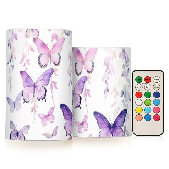 Butterflies Flowers Floral Flameless CandlesLED Lights Battery Operated Candles with Remote and Timers Flicker Lights Votive Set of 2