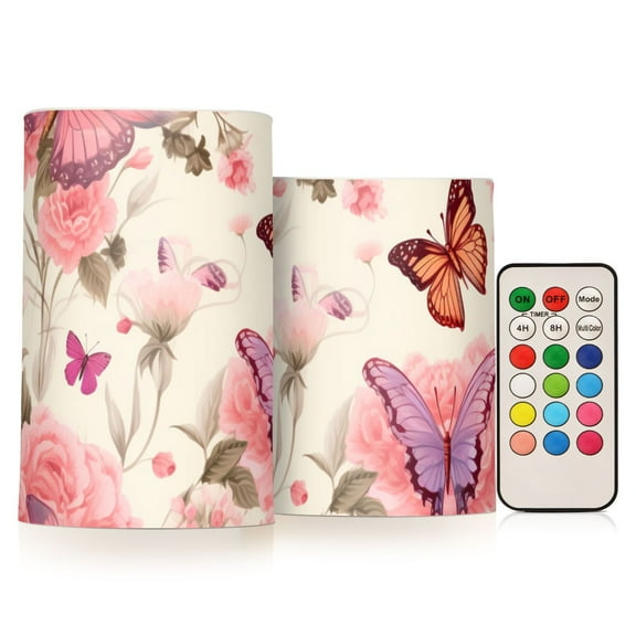 Butterflies Flowers Floral Flameless CandlesLED Lights Battery Operated Candles with Remote and Timers Flicker Lights Votive Set of 2