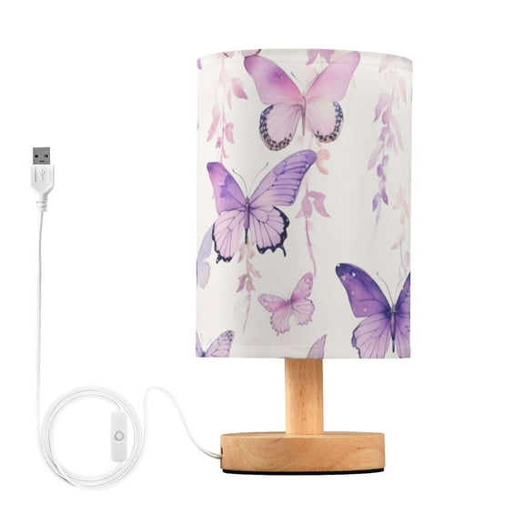 Butterflies Flowers Floral Table Lamp USB Bedside Desk Nightstand Lamp Printed Gifts Small Lamp Wood Base for Bedroom Living Room Kids Room College Dorm