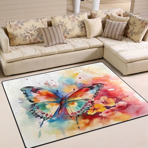 Butterflies Flowers Painting Area Rug Washable 80 x 58 Floor Carpet Mat Non Slip for Bedroom Living Room Home Decor