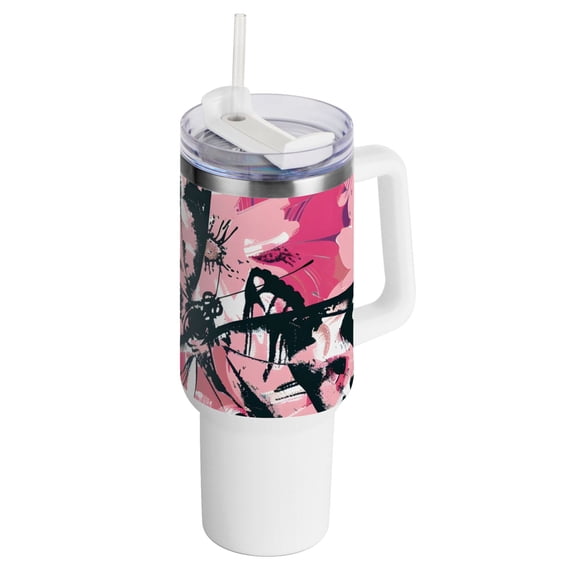 Butterflies Flowers Pink 40 oz Tumbler with Handle Insulated Travel Mug Lid Straw Leak Proof Steel Vacuum Water Bottles Glasses Fits in Car Cup Holder