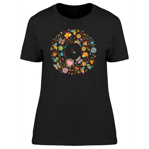 Butterflies & Flowers Round Logo T-Shirt Women -Image by Shutterstock, Female Large