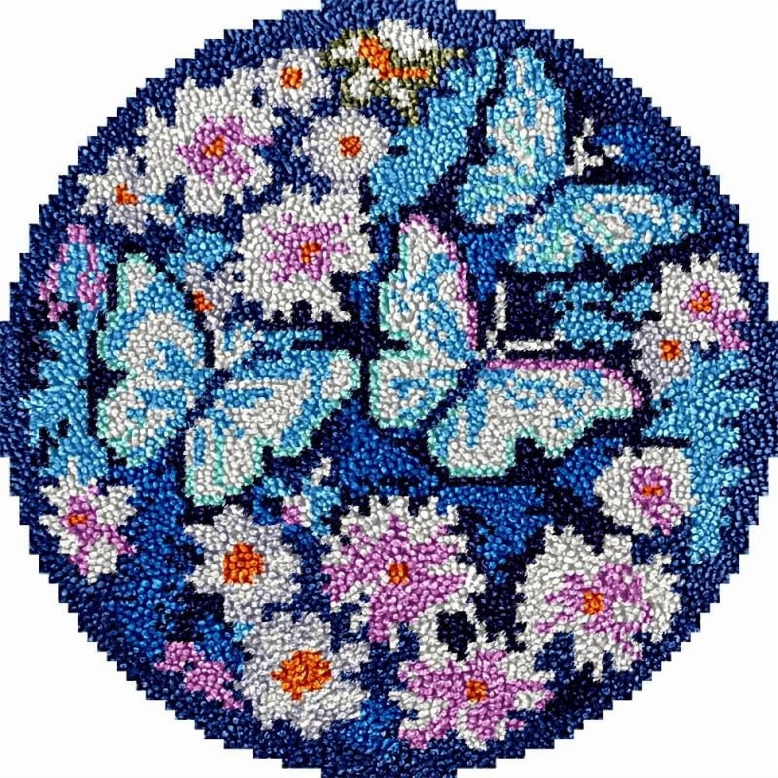 Butterflies and Flowers Round Shape Latch Hook Rug Kits Set for Starter Crochet Hook Cushion Mat Sofa Seat Cushion Crocheting Kits with Preprinted Canvas Crochet Yarn Kits 50X50cm (ui130)