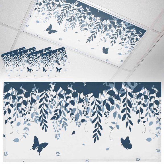 Butterflies Fluorescent Light Covers Spring Blue Butterfly Falling Leaf Plant Silhouette Magnetic Light Filters Ceiling Lighting Panel Shade for Classroom Office Home 2 x 4 ft, 4 Pack