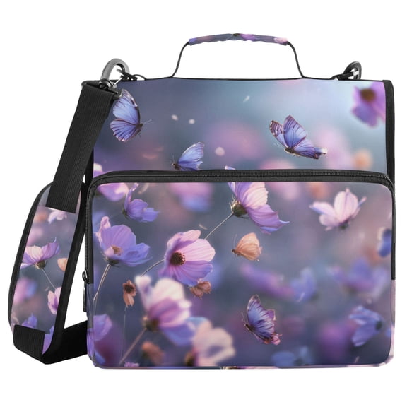 Butterflies Fluttering Among Purple Flowers Binder Bag with Shoulder Strap 3 Ring Zipper Binder File Folder Document Storage