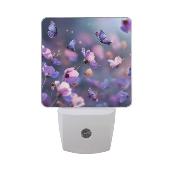 Butterflies Fluttering Among Purple Flowers LED Night Light Sensor Lamp Plug-in Adjustable Brightness 2 Pack