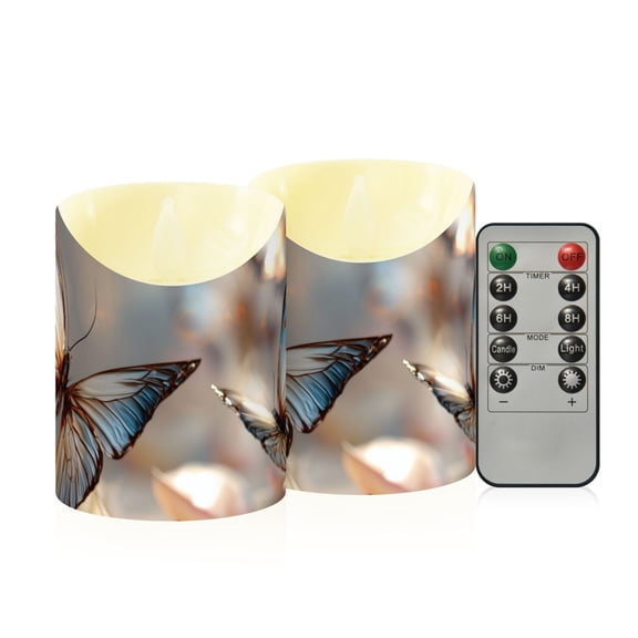 Butterflies Fluttering Petals Scatter Flickering Flameless Candles with Remote Timer Battery Operated LED Tealight Set of 2 S