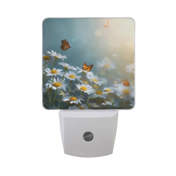 Butterflies Fluttering Through Field Of Daisies LED Night Light Sensor Lamp Plug-in Adjustable Brightness 2 Pack