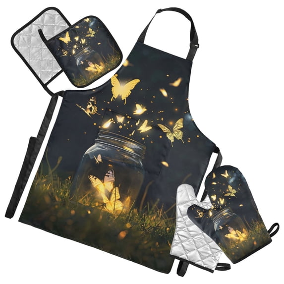 Butterflies Fly From Bottle 5 Pcs Kitchen Set Heat Resistant Oven Mitts and Non-Slip Pot Holders with Adjustable Cooking Apron